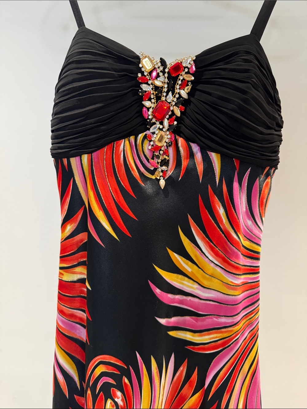 Black Spaghetti-Strap Maxi Dress with Pink & Gold Swirl Print - Picture 3 of 7